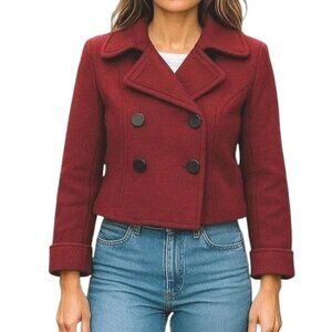 Seven7 Jacket Blazer Size S Red CroppeDouble Breasted Boucle Wool Shoulder Strap